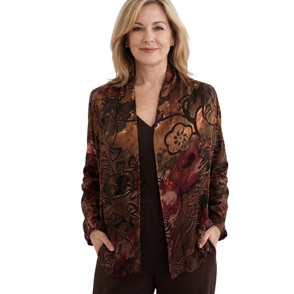 Chicos Vintage Jacket Size 3 (Womens XL) Leaf Print Silk Blend Brown Red Topper
